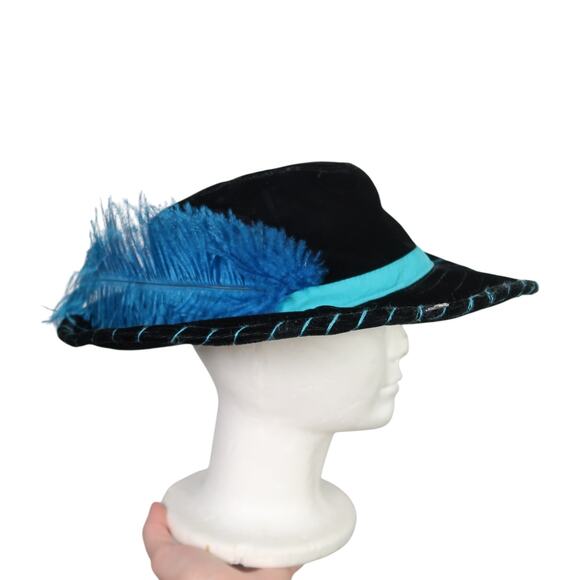Vintage black velvet wide brim western hat with blue feather - Picture 1 of 8